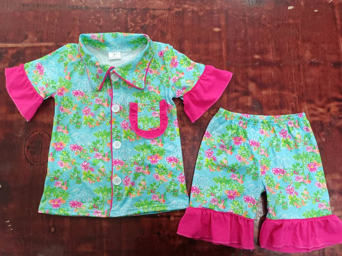 (Custom Design Preorder MOQ 5)  Green Flowers Print Girls Summer Pajamas Clothes Set