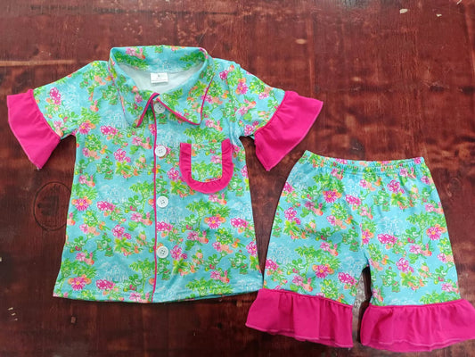 (Custom Design Preorder MOQ 5)  Green Flowers Print Girls Summer Pajamas Clothes Set