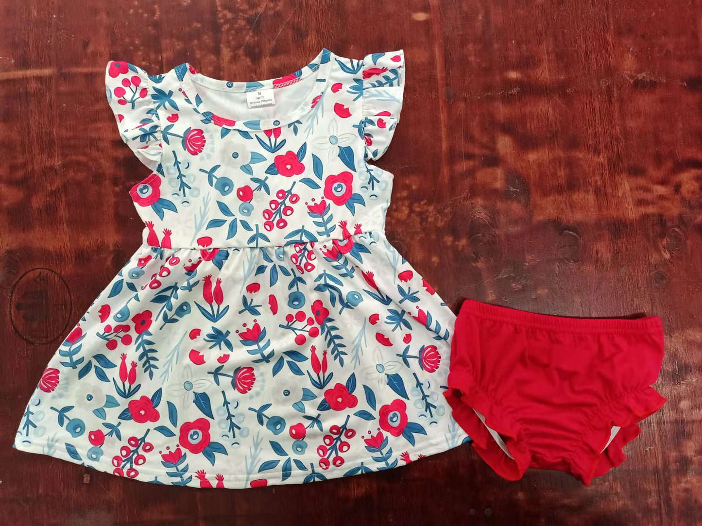 (Custom Design Preorder MOQ 5) Flowers Tunic Top Red Shorts Baby Girls Summer Bummie Sets