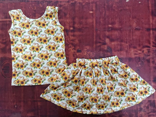 (Custom Design Preorder MOQ 5) Hat Sunflowers Print Girls Summer Skirts Clothes Set