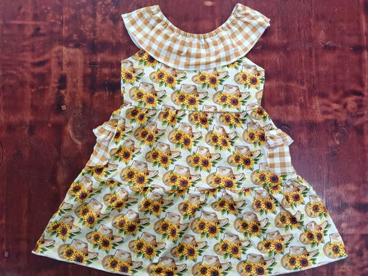 (Custom Design Preorder MOQ 5) Hat Sunflowers Print Girls Knee Length Summer Dress