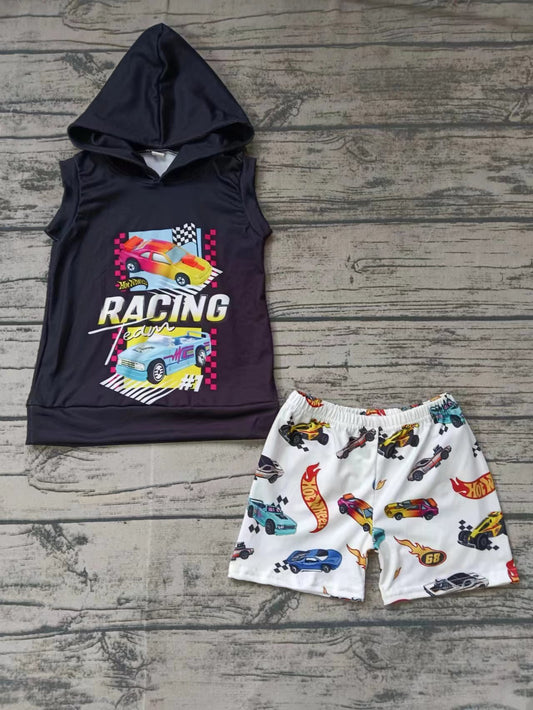 (Custom Design Preorder MOQ 5) Racing Team Hoodie Top Cars Shorts Boys Summer Clothes Set