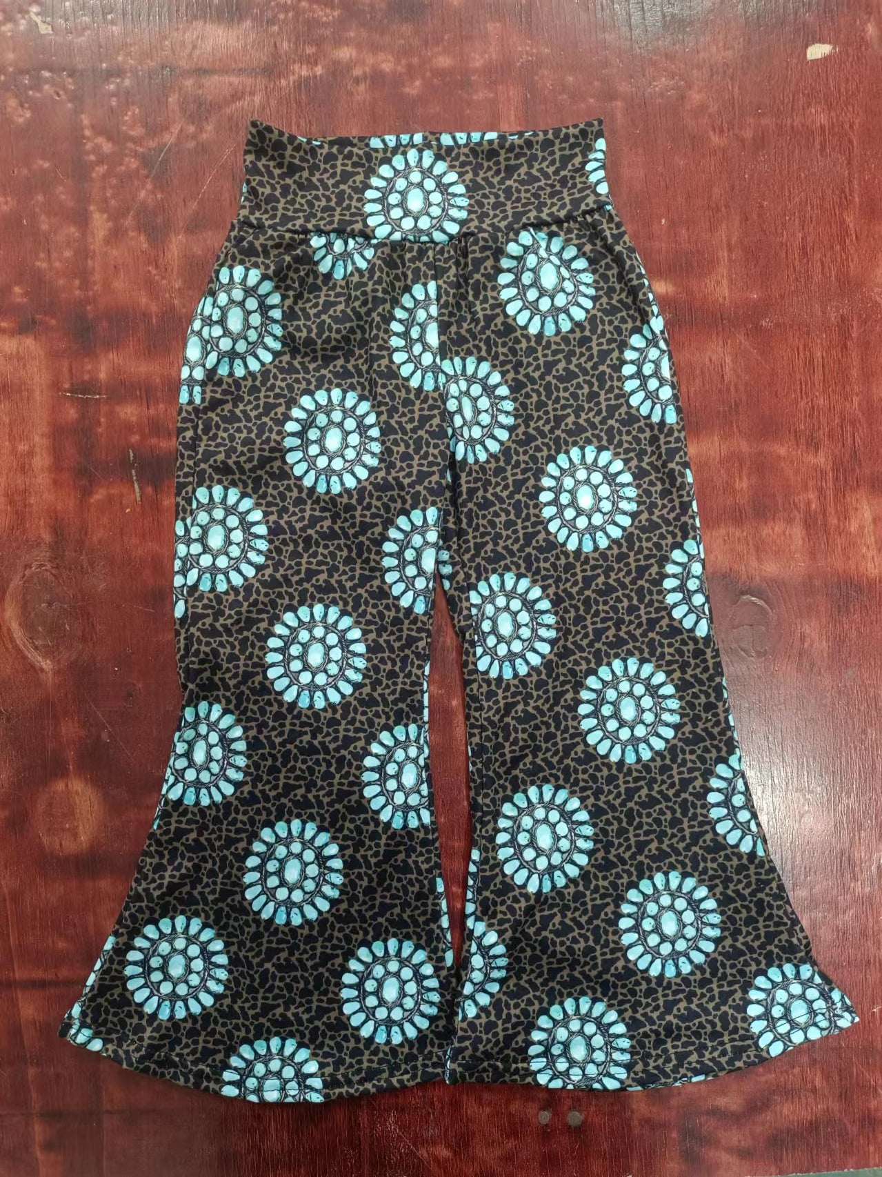 (Custom Design Preorder MOQ 5) Turquoise Print Girls Bell Bottom Pants