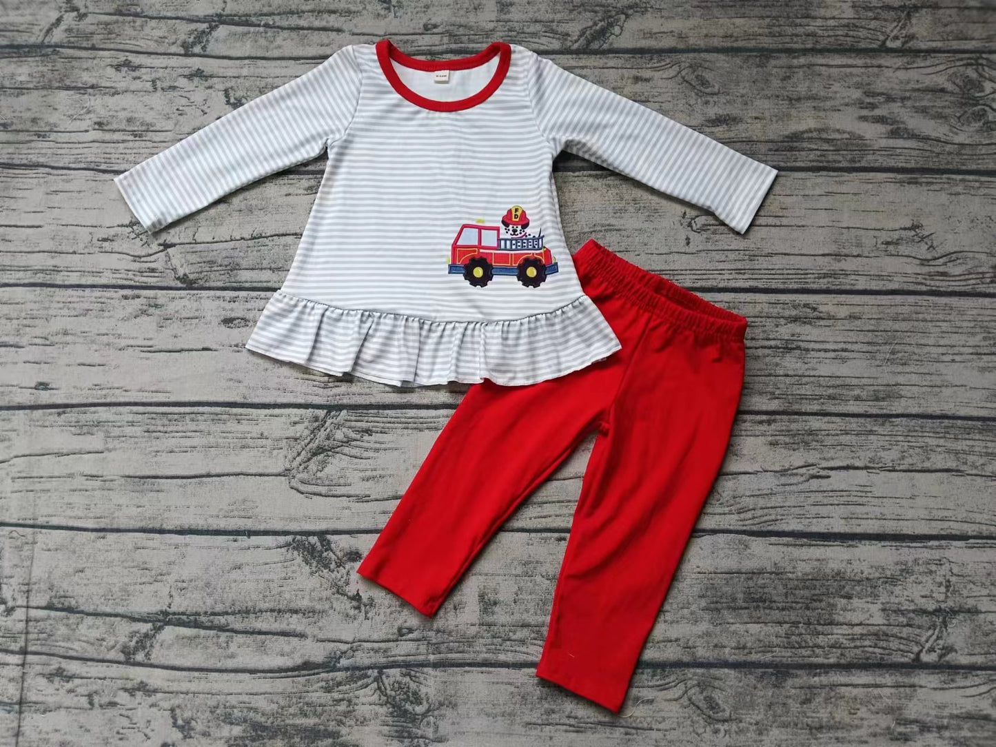 (Custom Design Preorder MOQ 5) Fire Truck Print Girls Clothes Set
