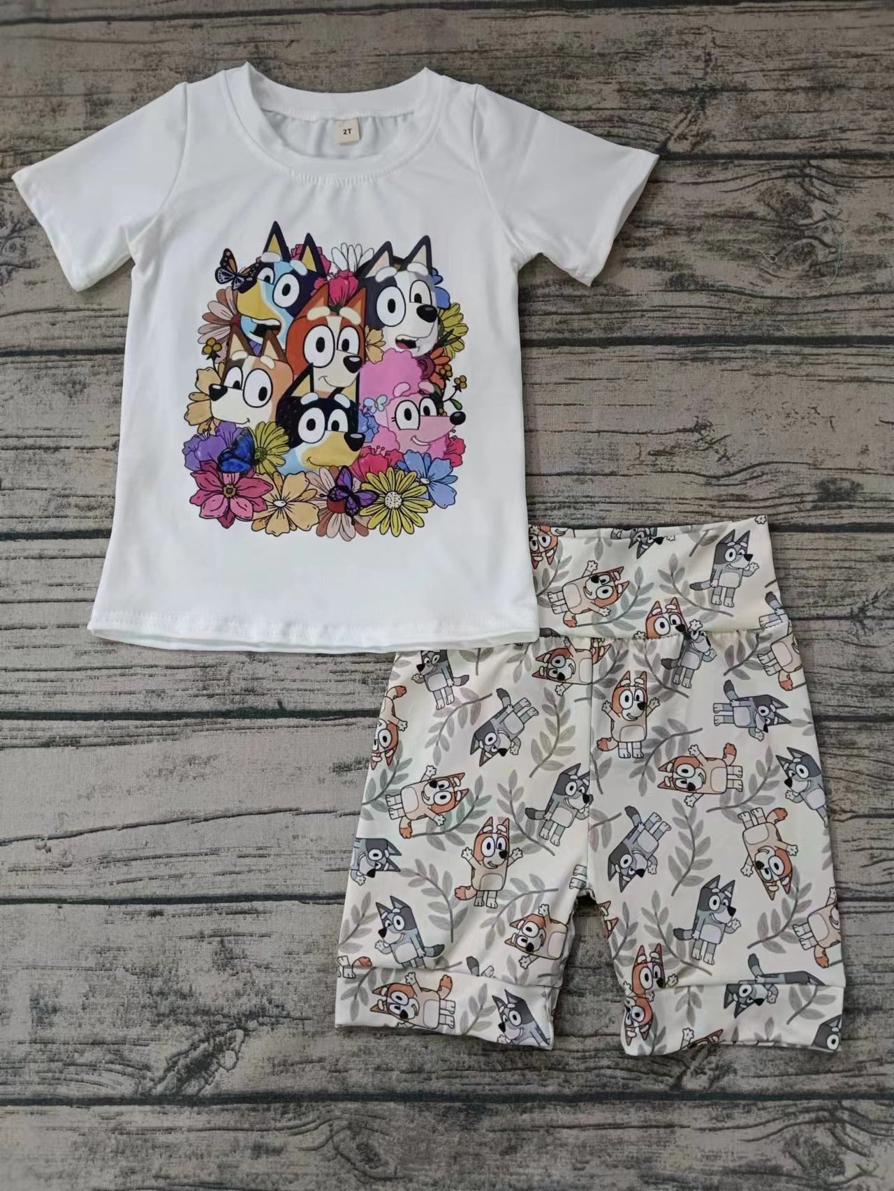 (Custom Design Preorder MOQ 5) Cartoon Dog Flowers Shorts Kids Summer Clothes Sets