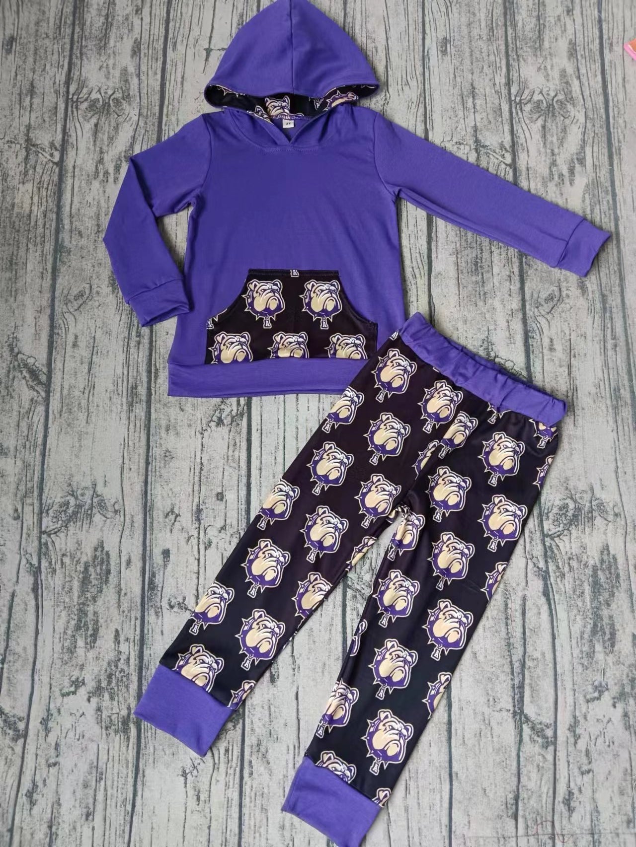 (Custom Design Preorder MOQ 5)  Team's Dog Print Purple Boys Hoodie Clothes Set