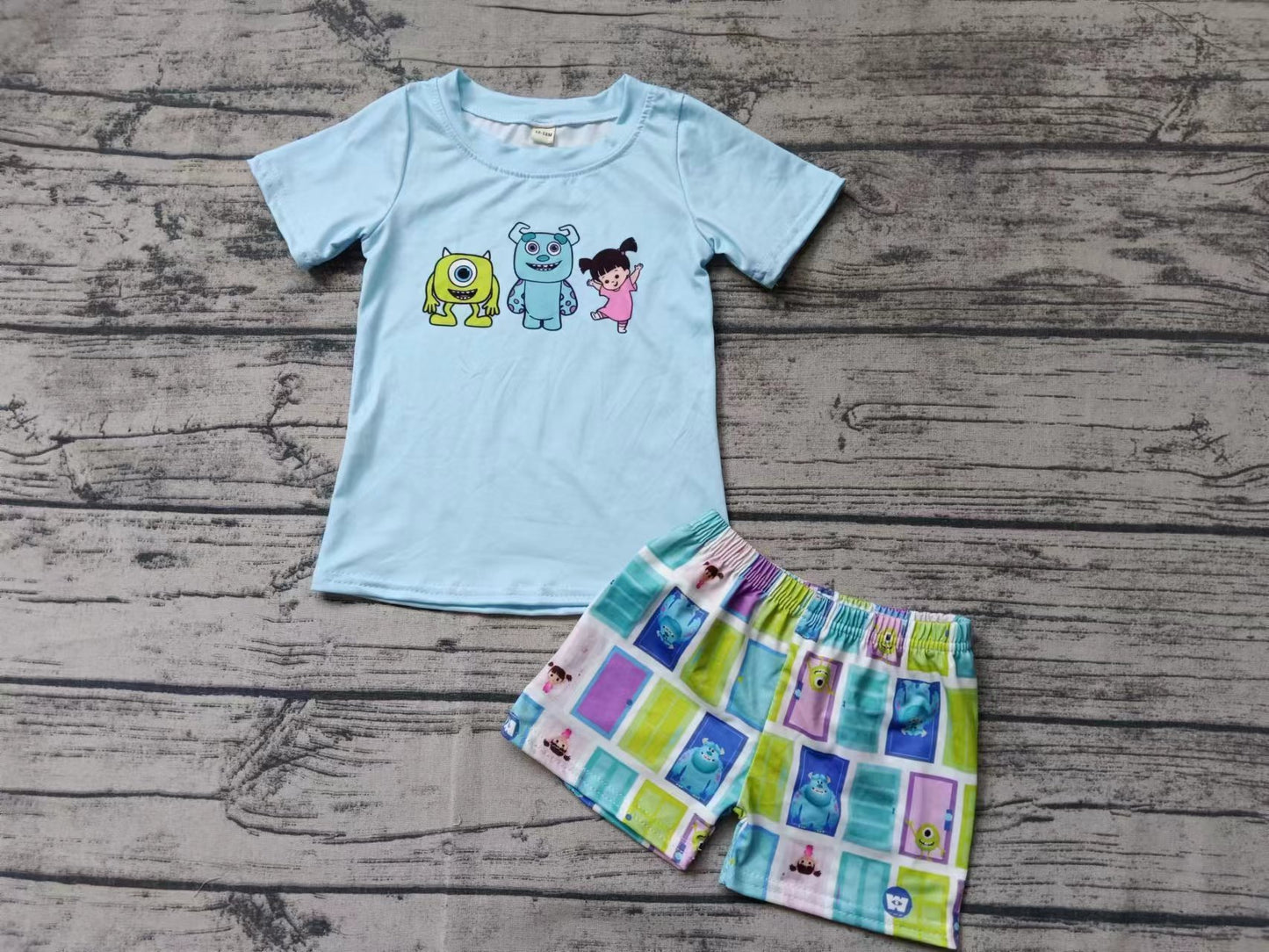 (Custom Design Preorder MOQ 5)  Cartoon Monster Print Boys Summer Clothes Set