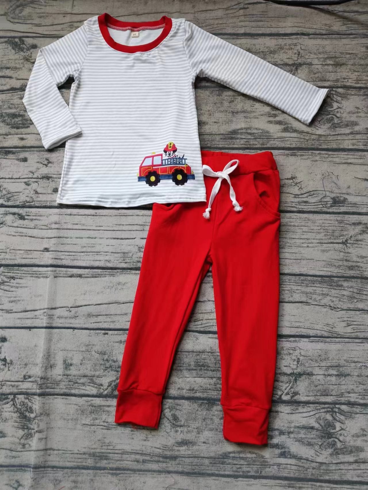 (Custom Design Preorder MOQ 5) Fire Truck Print Boys Clothes Set