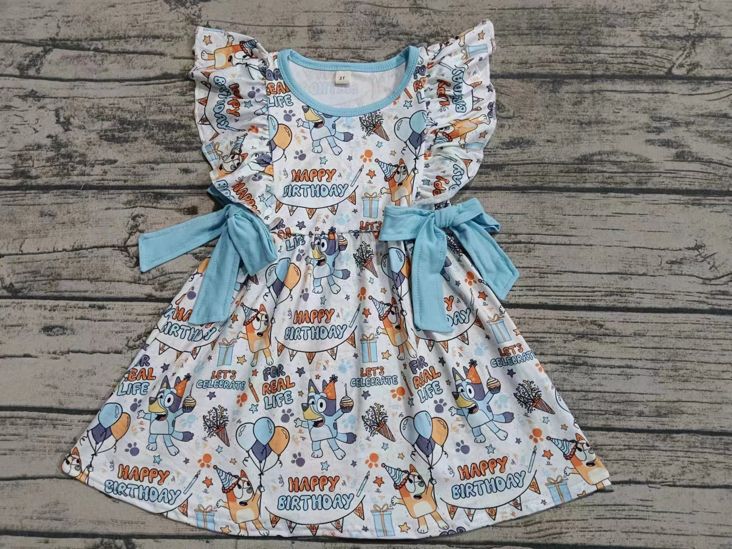 (Custom Design Preorder MOQ 5)  Cartoon Dog Happy Birthday Print Girls Knee Length Summer Dress