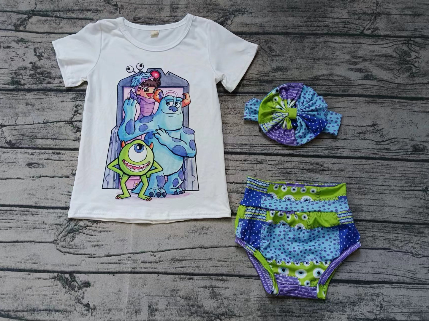 (Custom Design MOQ 5)  Cute Monster Print Baby Girls Summer 3 Pieces Bummie Sets