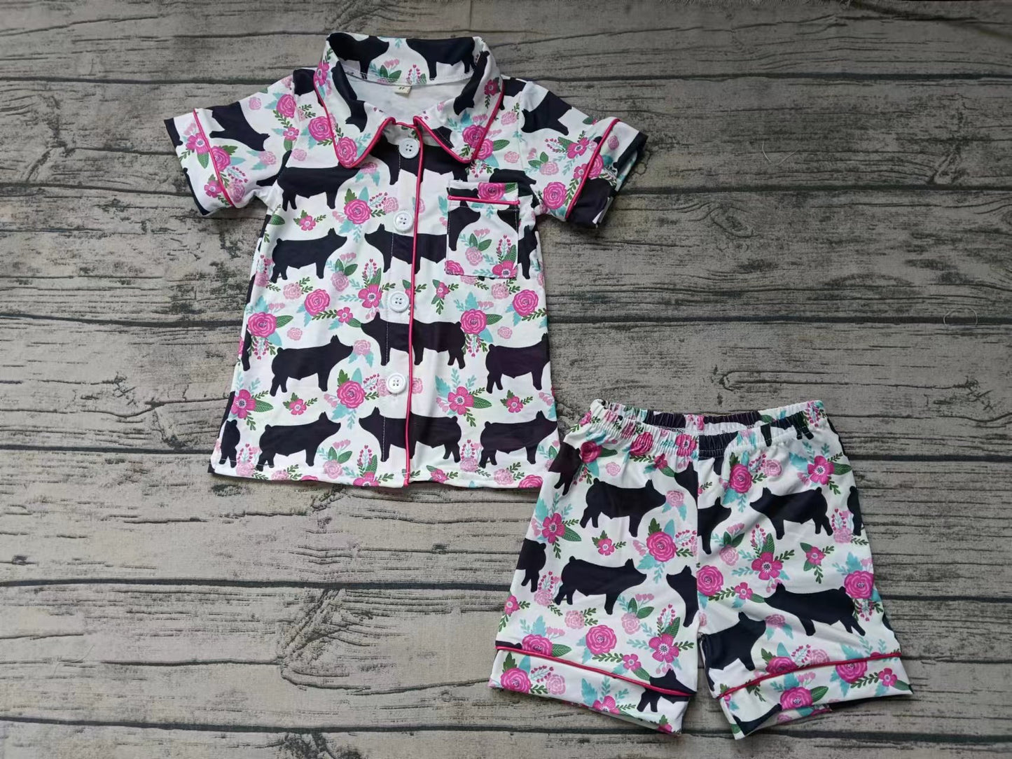 (Custom Design Preorder MOQ 5) Pig Flowers Girls Summer Pajamas Clothes Set