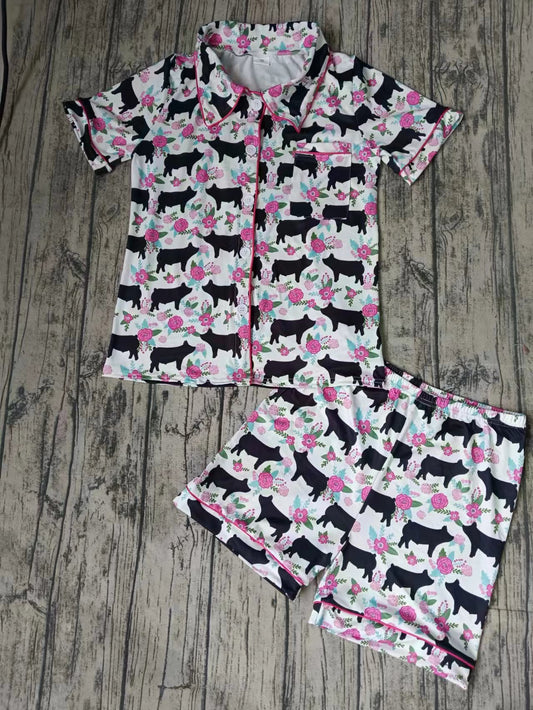 (Custom Design MOQ 5) Adult Pig Flowers Print Woman Summer Pajamas Clothes Set