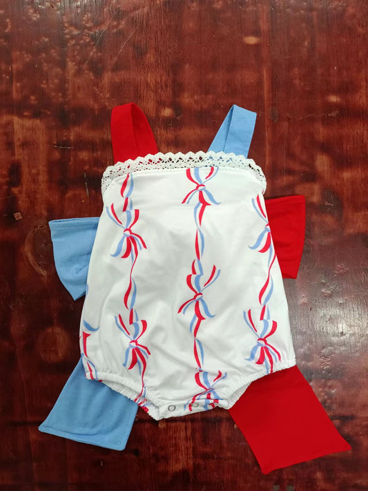 (Custom Design Preorder MOQ 5) Bows Print Baby Girls 4th of July Romper Big Bow On the Back