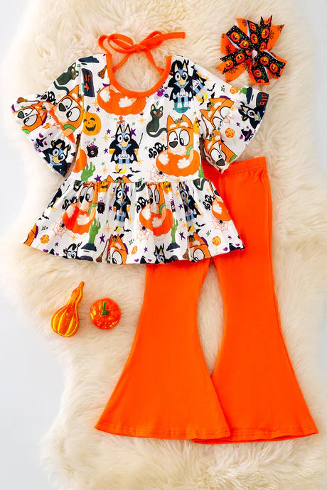 (Custom Design Preorder MOQ 5)  Cartoon Dog Pumpkin Tunic Top Orange Bell Pants Girls Fall Clothes Set