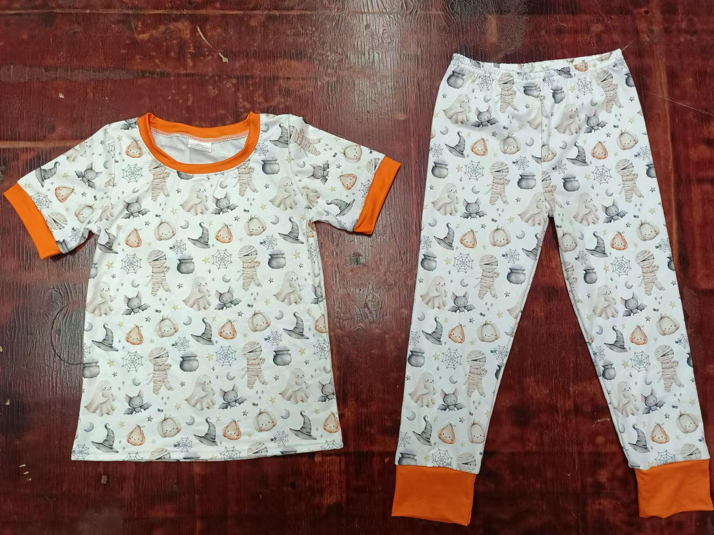 (Custom Design Preorder MOQ 5) Ghost Bat Pumpkin Print Kids Halloween Pajamas Clothes Set