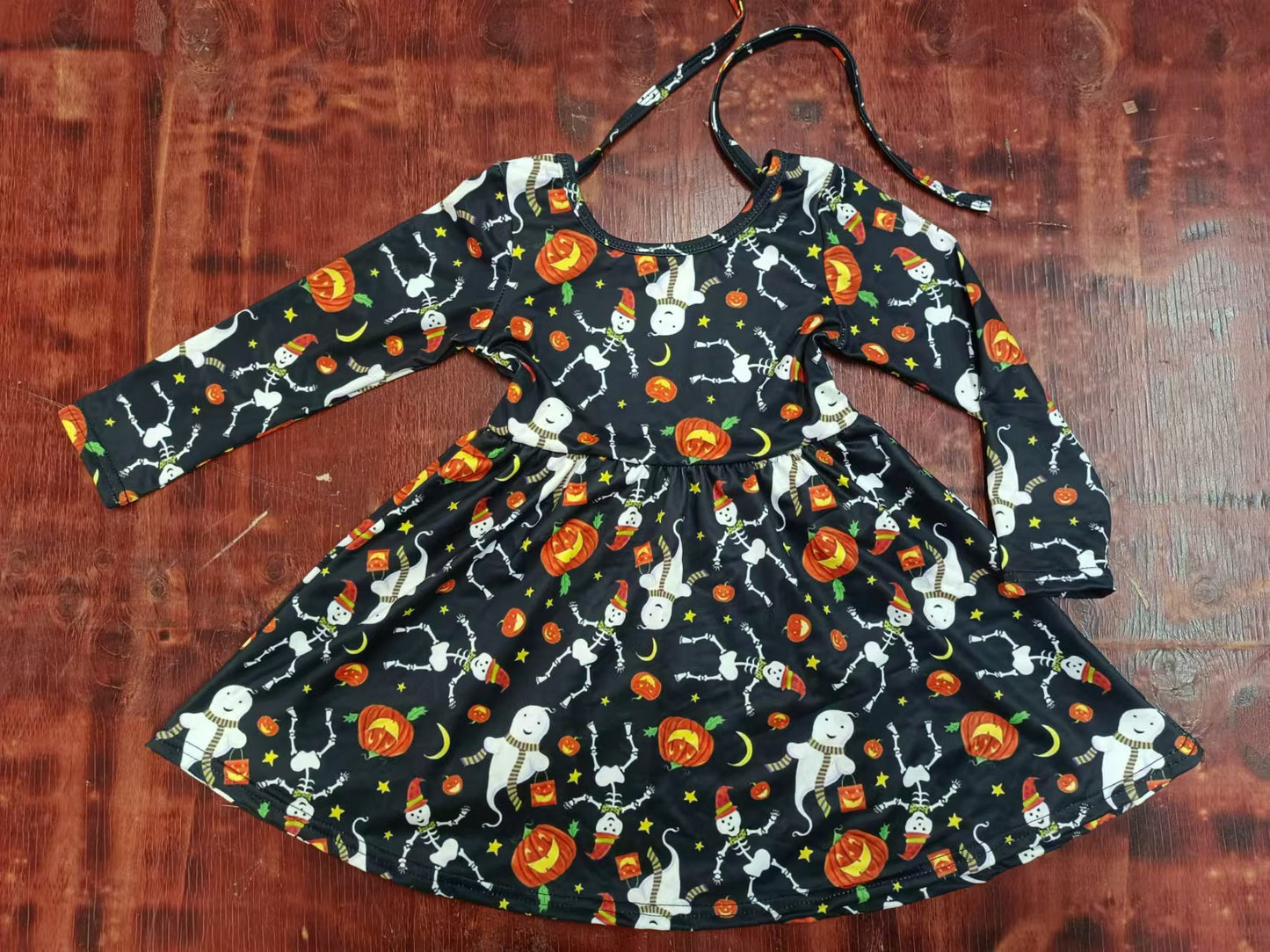 (Custom Design Preorder MOQ 5) Pumpkin Skull Print Girls Knee Length Halloween Dress