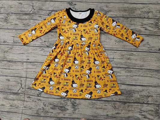 (Custom Design Preorder MOQ 5) Cartoon Dog Turkey Thankful Print Girls Knee Length Thanksgiving Dress