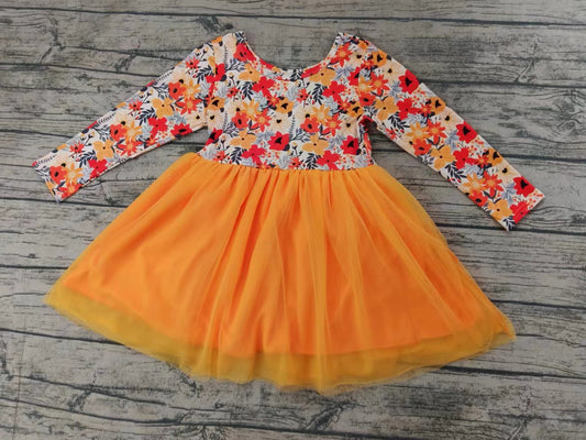 (Custom Design Preorder MOQ 5) Orange Flowers Print Girls Knee Length Fall Tulle Dress