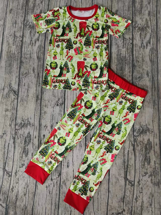 (Custom Design Preorder MOQ 5) Green Frog Print Kids Christmas Pajamas Clothes Set