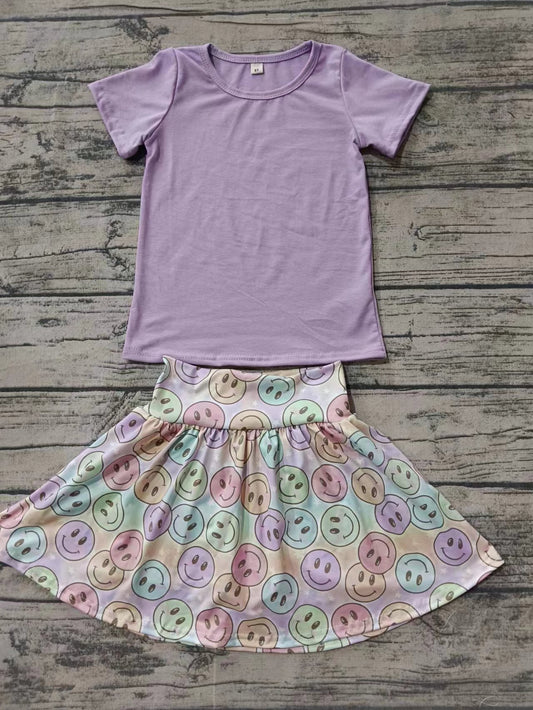 (Custom Design Preorder MOQ 5) Purple Top Colorful Smiling Face Skirts With Shorts Girls Summer Clothes Set