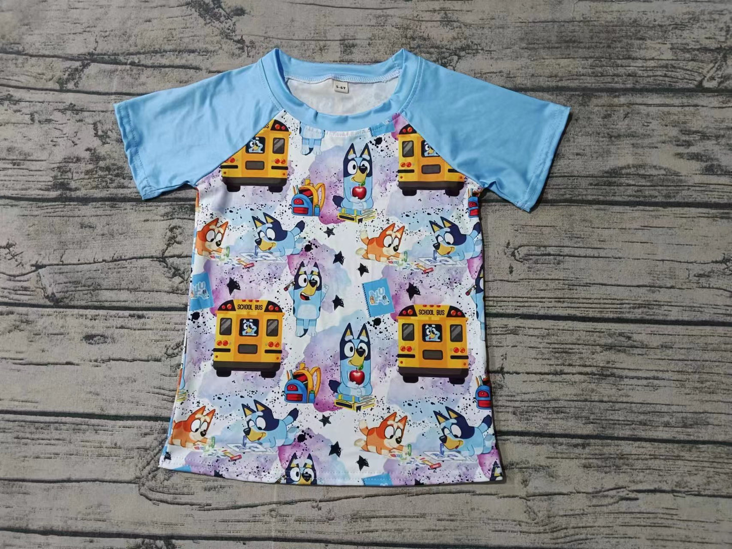 (Custom Design Preorder MOQ 5) Cartoon Dog Bus Print Kids Back to School Tee Shirts Top