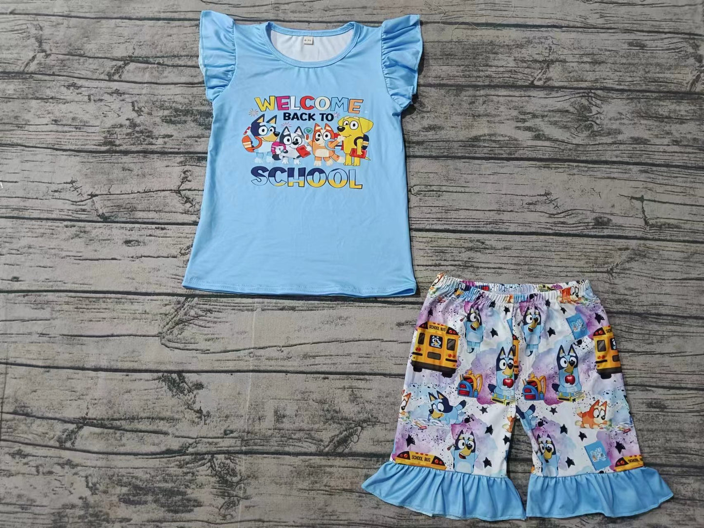 (Custom Design Preorder MOQ 5) Cartoon Dog Bus Girls Back to School Clothes Set