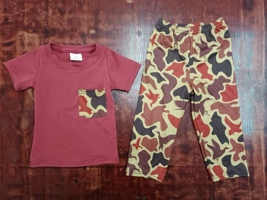 (Custom Design Preorder MOQ 5) Wine Pocket Top Camo Pants Boys Hunting Clothes Set