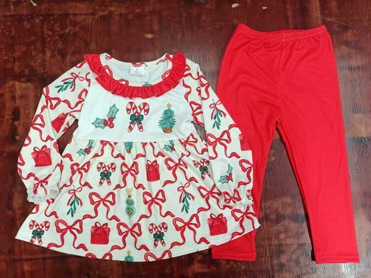 (Custom Design Preorder MOQ 5) Holly Candy Cane Bows Tunic Top Red Pants Girls Christmas Clothes Set