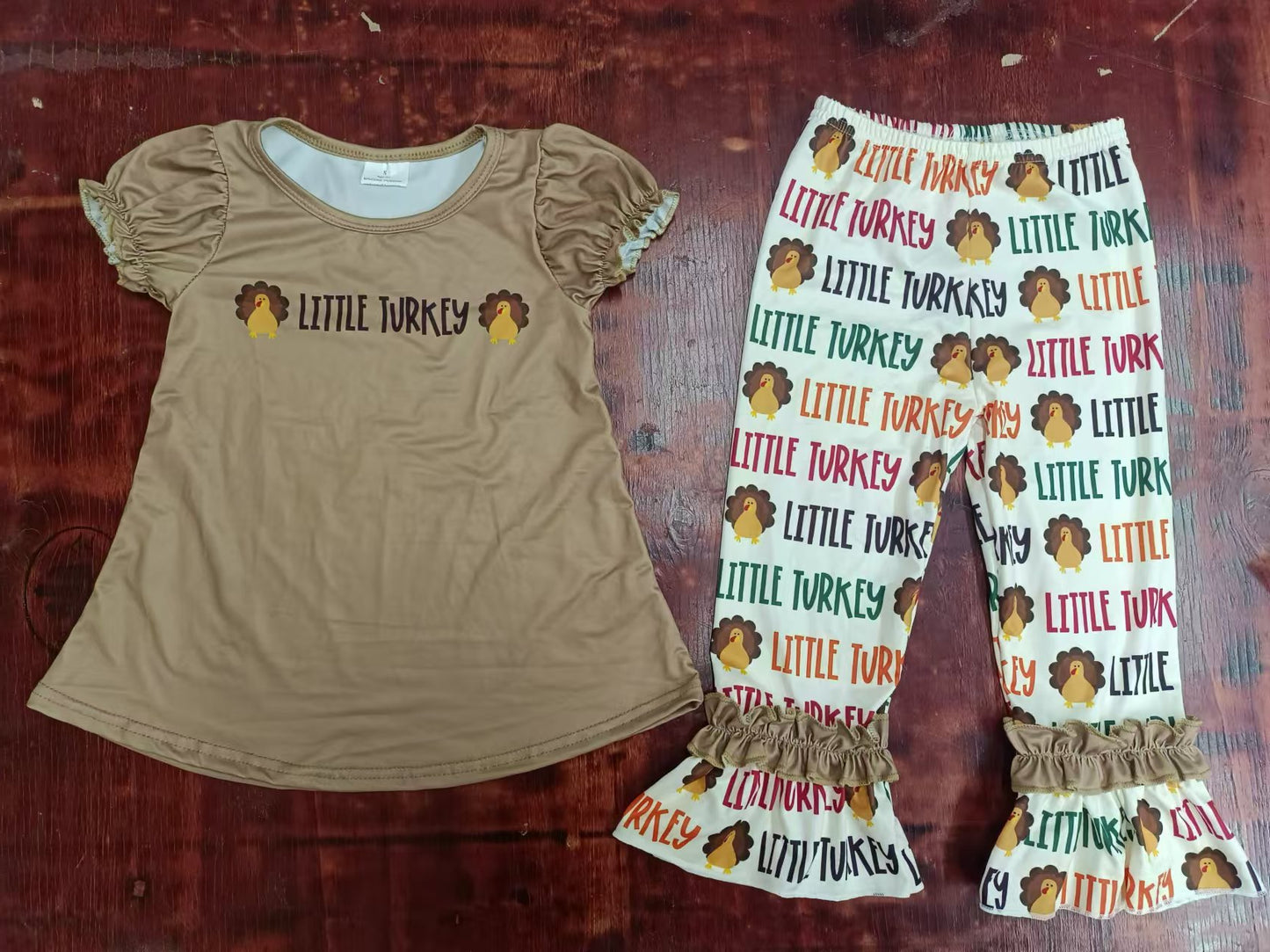 (Custom Design Preorder MOQ 5) Little Turkey Print Girls Thanksgiving Clothes Set