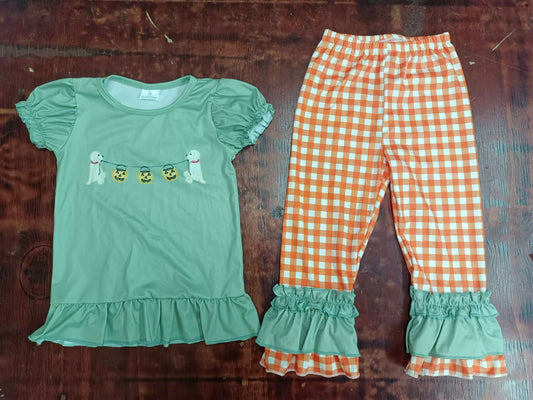 (Custom Design Preorder MOQ 5) Dog Pumpkin Green Top Orange Plaid Pants Girls Halloween Clothes Set