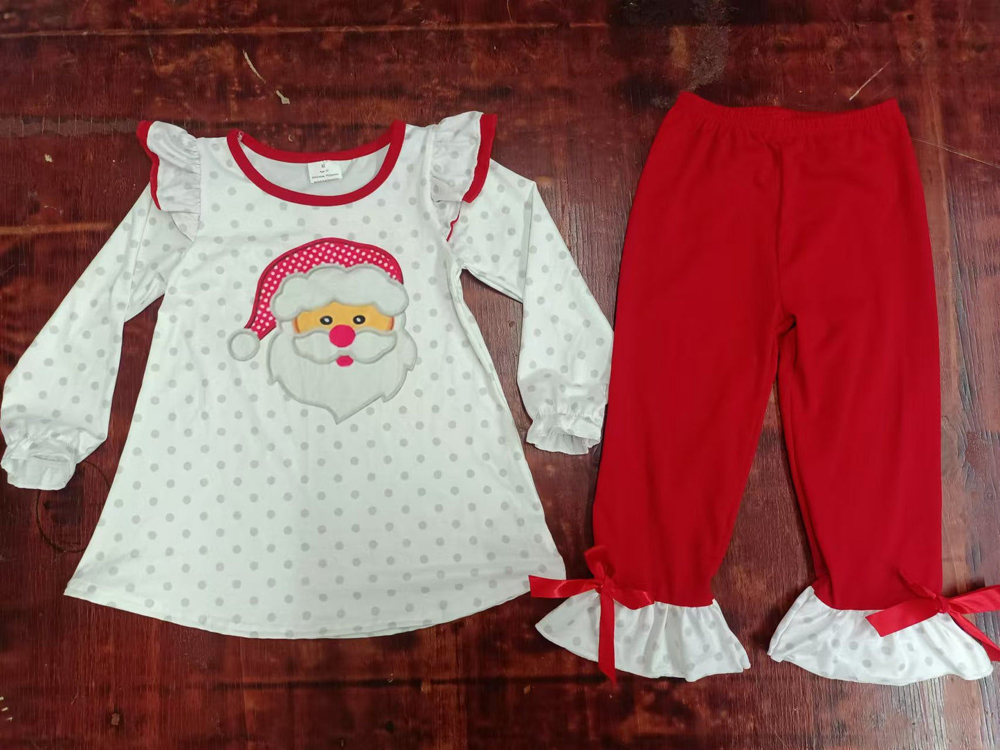 (Custom Design Preorder MOQ 5) Santa Top Red Pants Girls Christmas Clothes Set