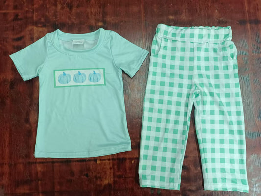 (Custom Design Preorder MOQ 5) Aqua Punpkin Top Plaid Pants Boys Fall Clothes Set