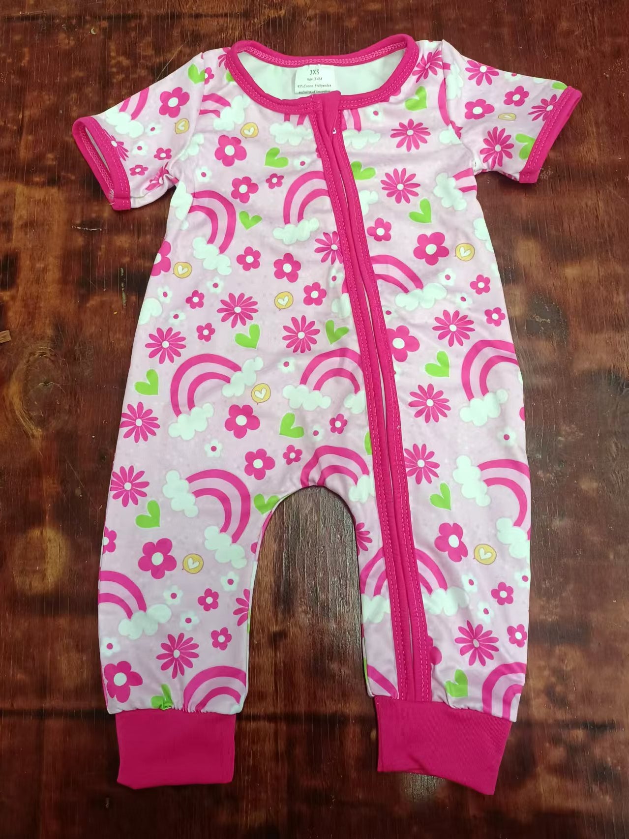 (Custom Design Preorder MOQ 5)  Pink Flowers Rainbow Print Baby Girls Bamboo Sleeper Zipper Romper