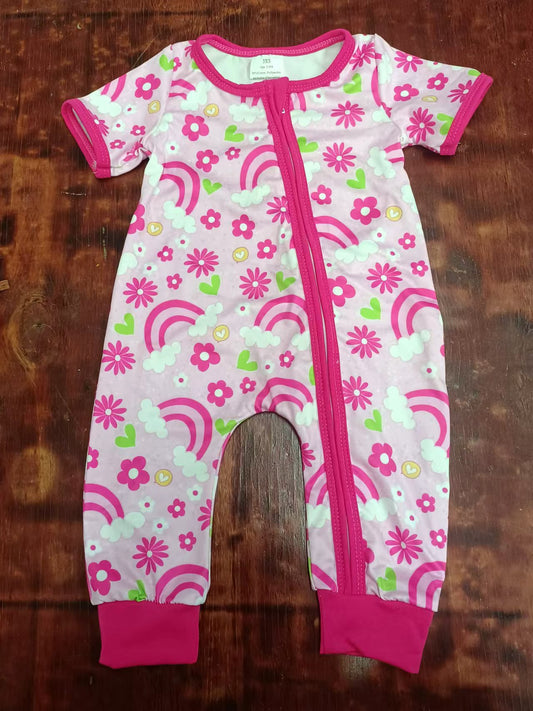 (Custom Design Preorder MOQ 5)  Pink Flowers Rainbow Print Baby Girls Bamboo Sleeper Zipper Romper