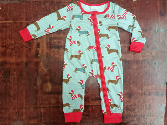 (Custom Design Preorder MOQ 5)  Dog Blue Print Baby Girls Christmas Bamboo Sleeper Zipper Romper