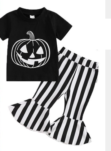 (Custom Design Preorder MOQ 5) Pumpkin Black Top Stripes Bell Pants Girls Halloween Clothes Set