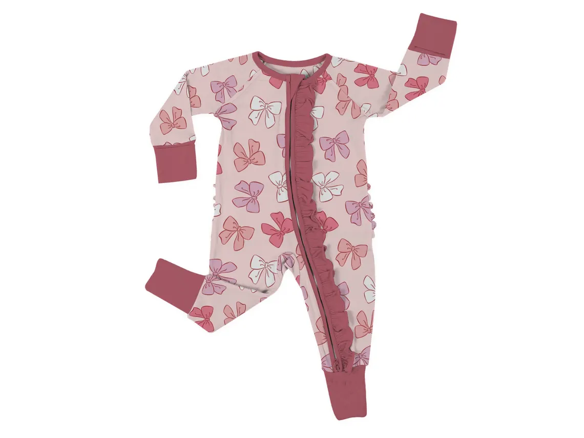 (Custom Design Preorder MOQ 5) Bows Print Baby Girls Fall Bamboo Sleeper Zipper Romper