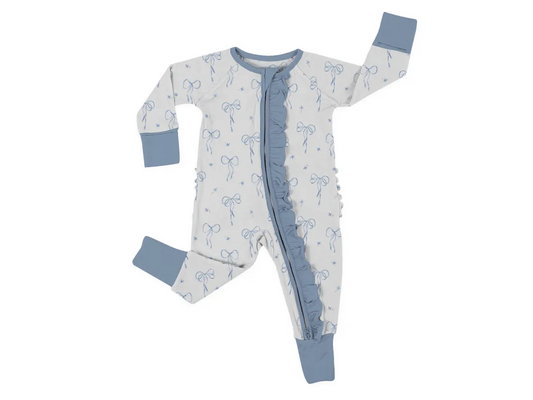 (Custom Design Preorder MOQ 5) Gray Bows Print Baby Girls Fall Bamboo Sleeper Zipper Romper