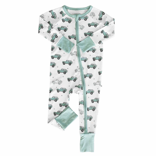 (Custom Design Preorder MOQ 5) Trucks Print Baby Boys Fall Bamboo Sleeper Zipper Romper