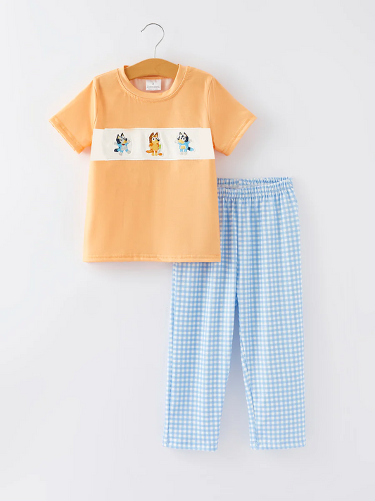 (Custom Design Preorder MOQ 5) Cartoon Dog Orange Top Blue Plaid Pants Boys Clothes Set