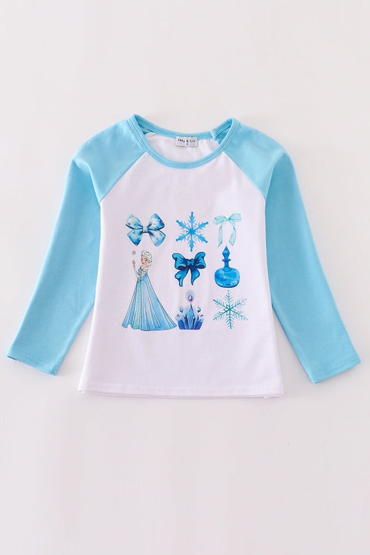 (Custom Design Preorder MOQ 5) Cartoon Princess Snowflake Blue Print Girls Tee Shirts Top