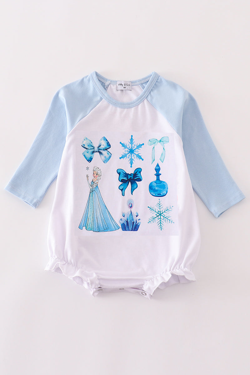 (Custom Design Preorder MOQ 5) Cartoon Princess Snowflake Blue Print Baby Girls Romper