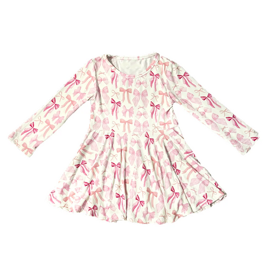 (Custom Design Preorder MOQ 5) Pink Bows Print Girls Knee Length Dress