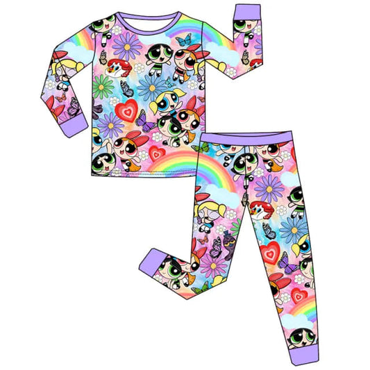 (Custom Design Preorder MOQ 5) Cartoon Police Flowers Print Girls Pajamas Clothes Set