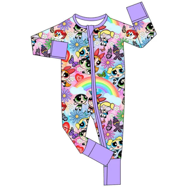 (Custom Design Preorder MOQ 5) Cartoon Police Flowers Print Baby Girls Sleeper Zipper Romper