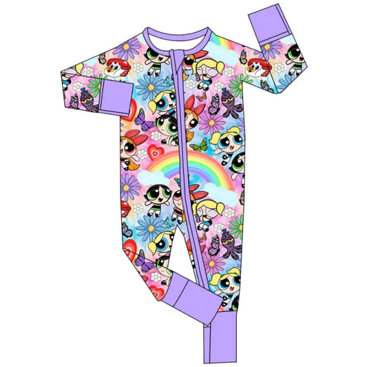 (Custom Design Preorder MOQ 5) Cartoon Police Flowers Print Baby Girls Sleeper Zipper Romper