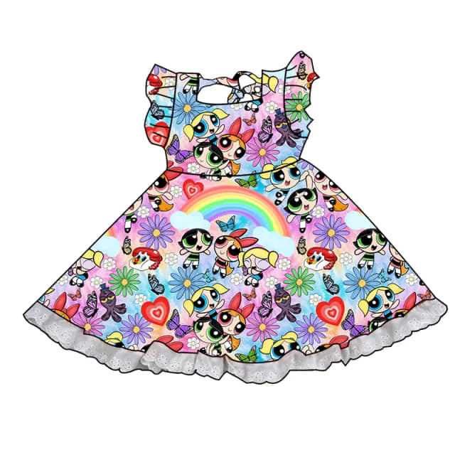 (Custom Design Preorder MOQ 5) Cartoon Police Flowers Print Girls Knee Length Summer Dress