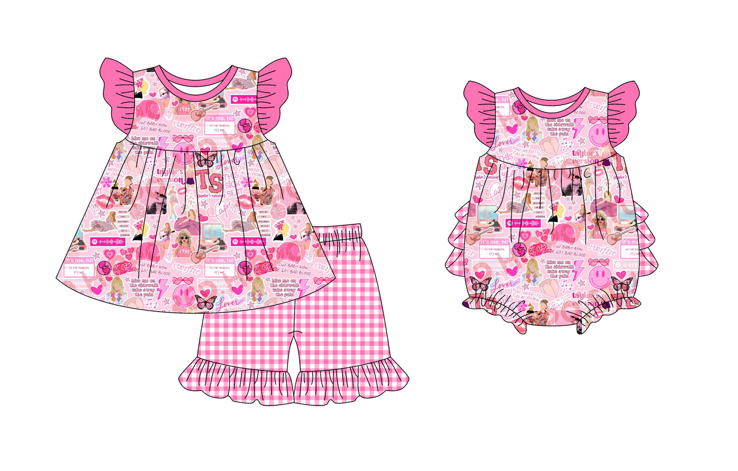 12.10(Custom Design Preorder MOQ 5 Each Design) Singer Swiftie Pink Print Girls Summer Matching Clothes Sisters Wear