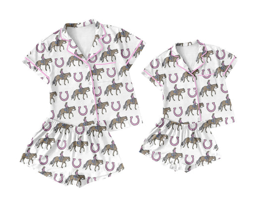 12.11(Custom Design Preorder MOQ 5 Each Design) Cowgirl Print Buttons Pajamas Sets Mom and Me Summer Matching Clothes