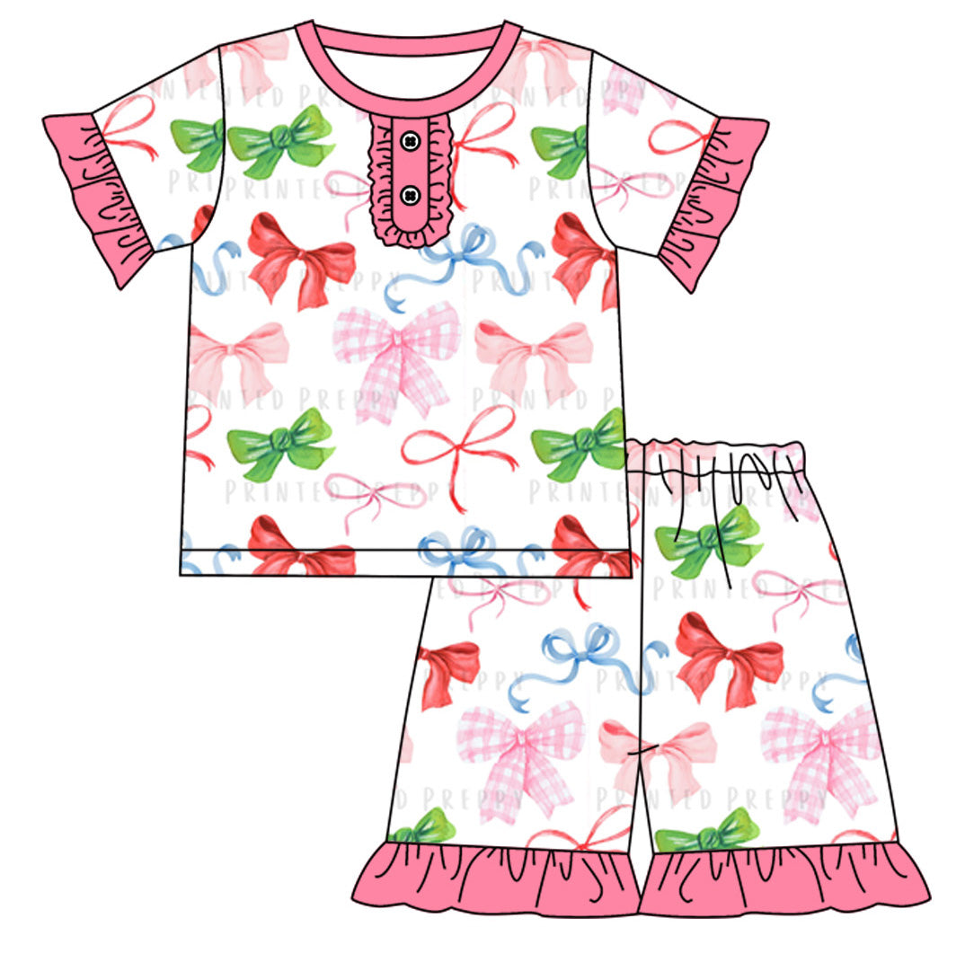 12.11(Custom Design Preorder MOQ 5) Colorful Bows Print Girls Summer Pajamas Clothes Set